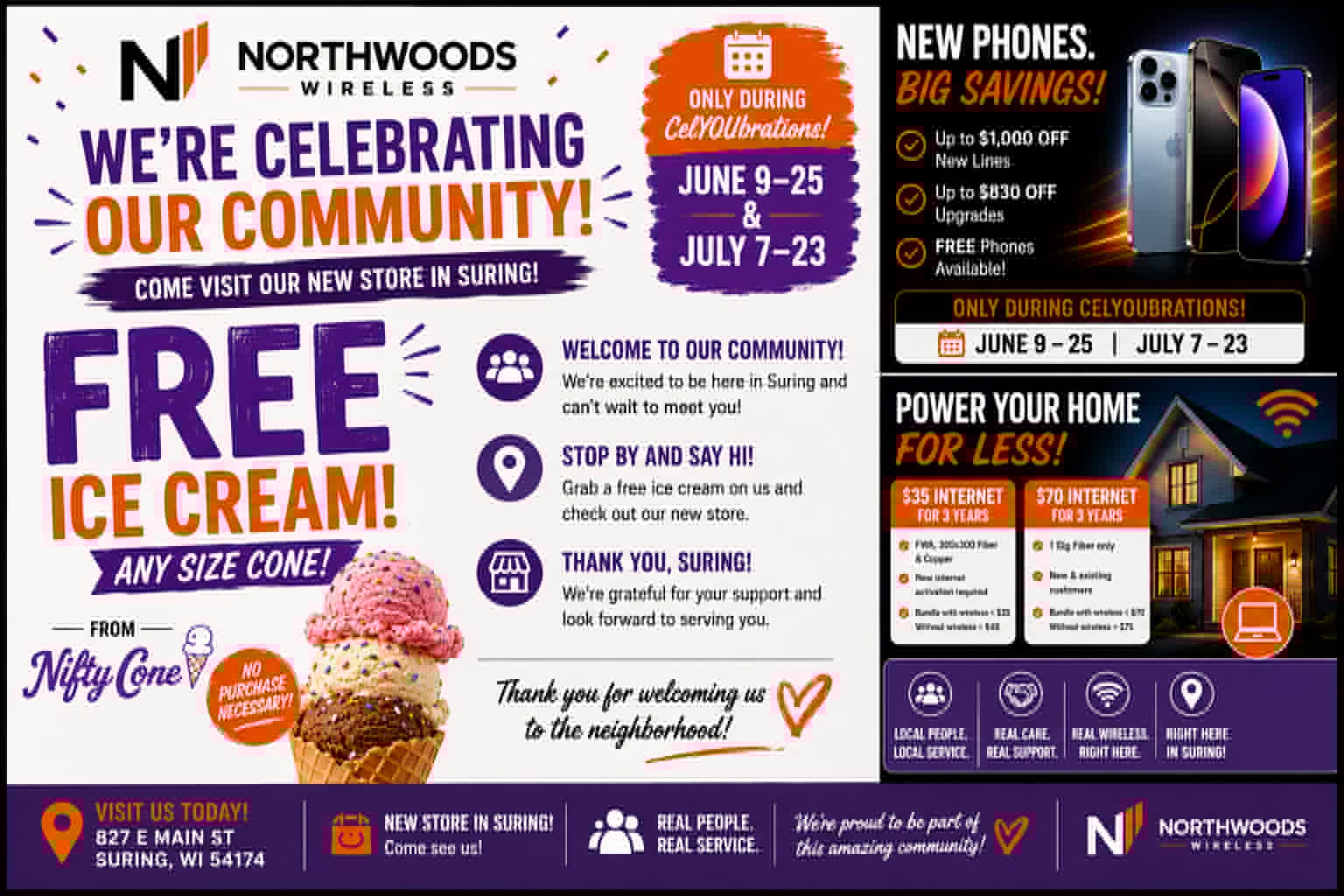 NorthWoods Wireless CelYOUbrations Cellcom promotions June and July 2026 — new phones, upgrades, and home internet deals in Suring Wisconsin