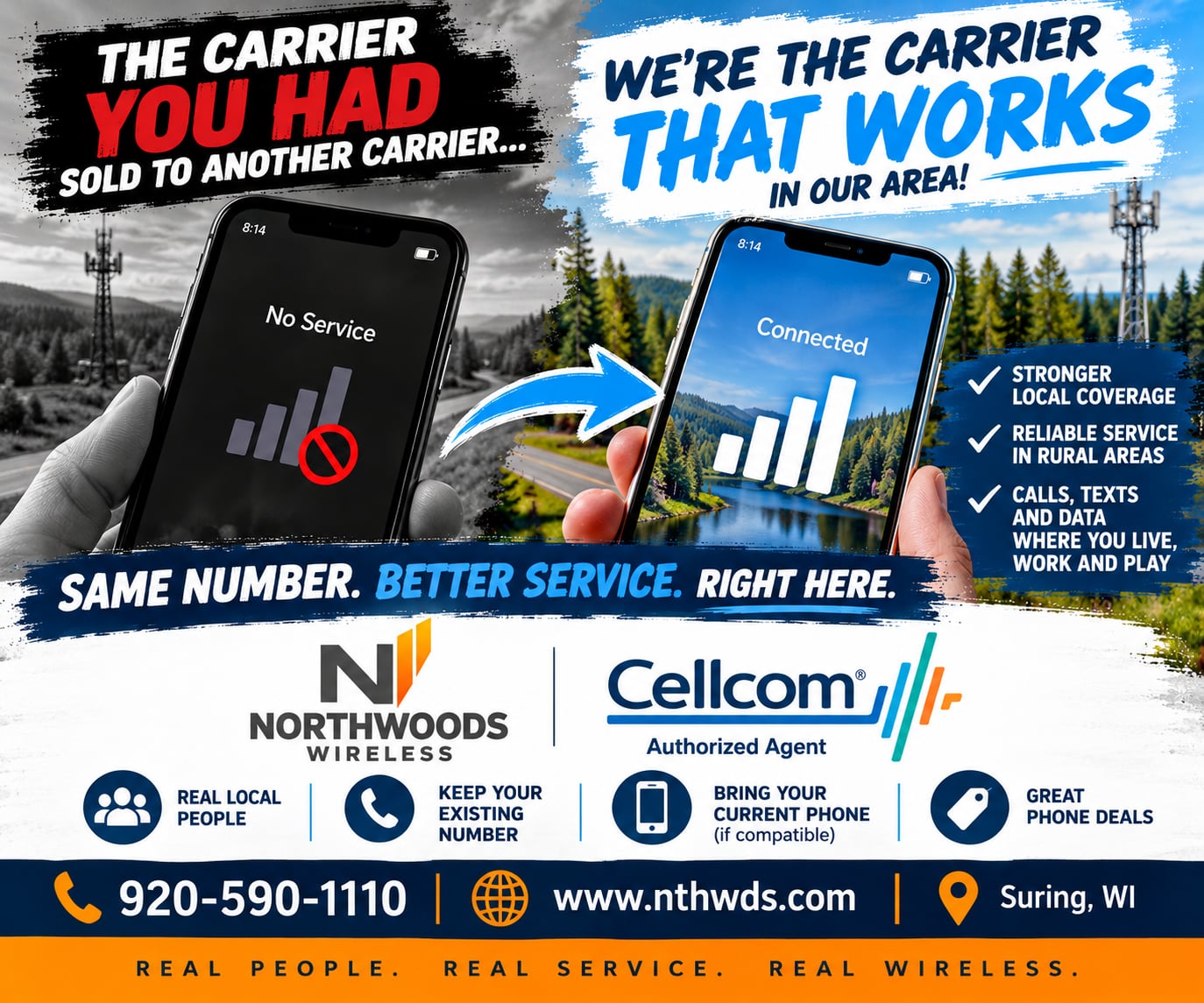 northwoods-wireless-rural-cell-coverage-suring-wi-1374x1145 Northwoods Wireless and Cellcom graphic comparing a phone showing “No Service” with a connected phone. Text reads: “The Carrier You Had” and “Same Number. Better Service. Right Here.”